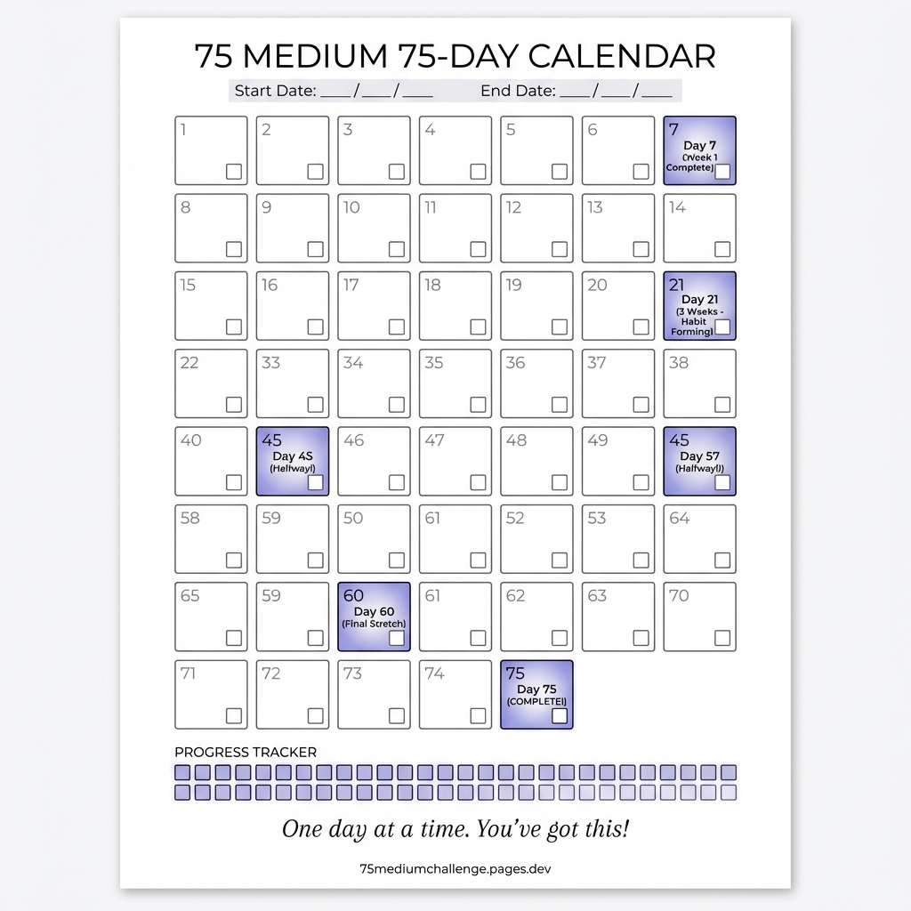 75 Medium 75-Day Calendar - Visual calendar with milestones and progress tracker