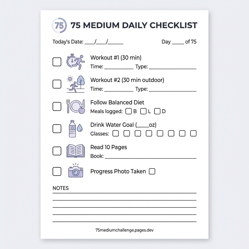 75 Medium Daily Checklist - Printable template with checkboxes for all 6 daily rules