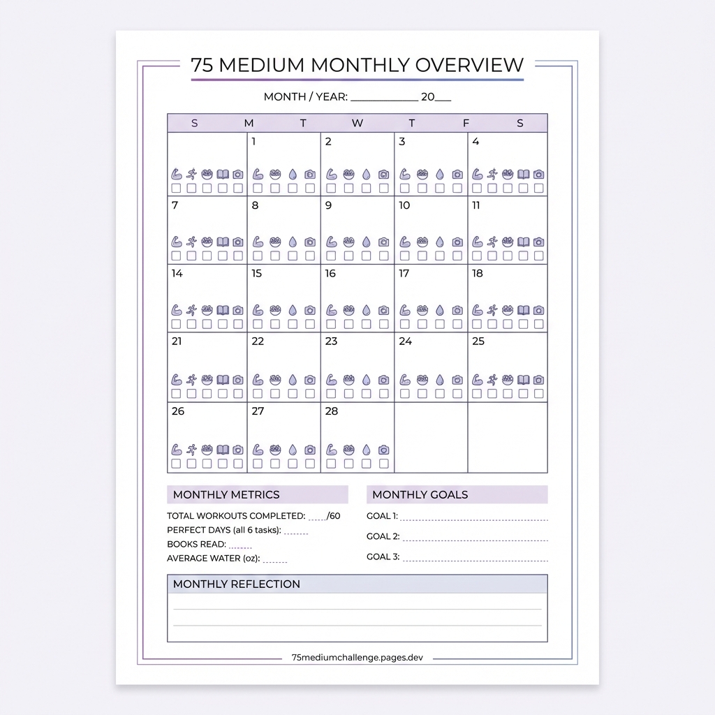 75 Medium Monthly Overview - Calendar grid with daily task icons and monthly metrics