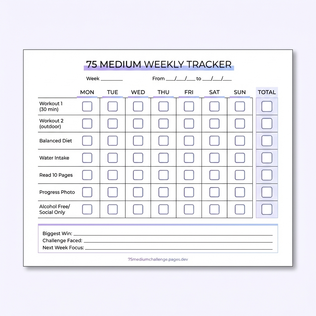 75 Medium Weekly Tracker - 7-day grid with task tracking and reflection section